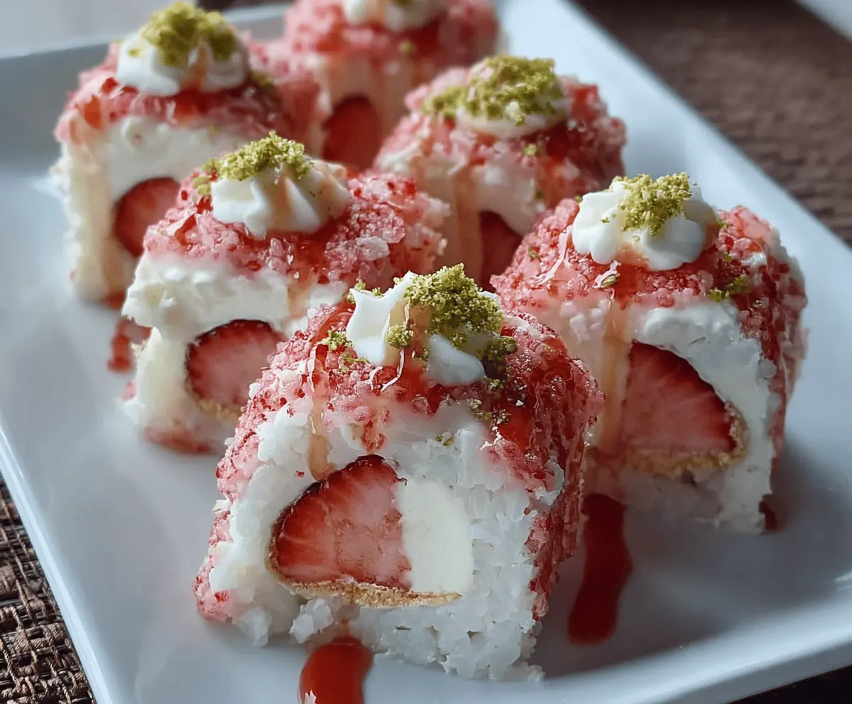 Delicious strawberry shortcake sushi rolls with fresh strawberries, whipped cream, and sponge cake slices on a white plate, perfect for dessert or special occasions