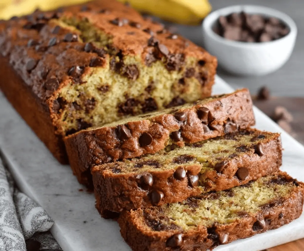 Delicious super moist chocolate chip banana bread with ripe bananas, melted chocolate chips, and a golden crust, perfect for a sweet treat