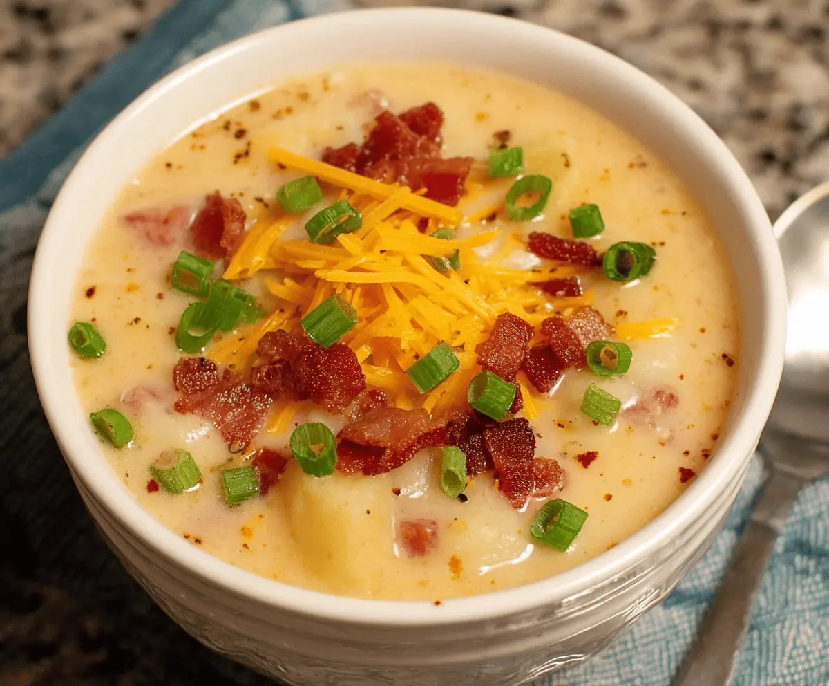 Creamy crockpot potato soup in a bowl with fresh herbs and toppings, perfect for a comforting meal