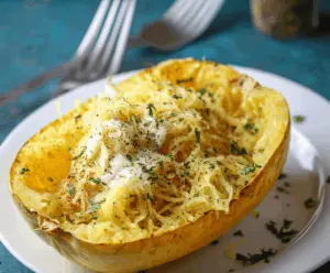 Delicious roasted spaghetti squash served with savory toppings, showcasing the best spaghetti squash recipe for a healthy, flavorful meal.