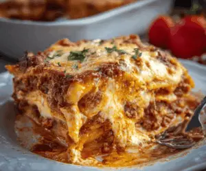 Delicious and easy homemade lasagna with layers of pasta, rich meat sauce, and melted cheese in a baking dish