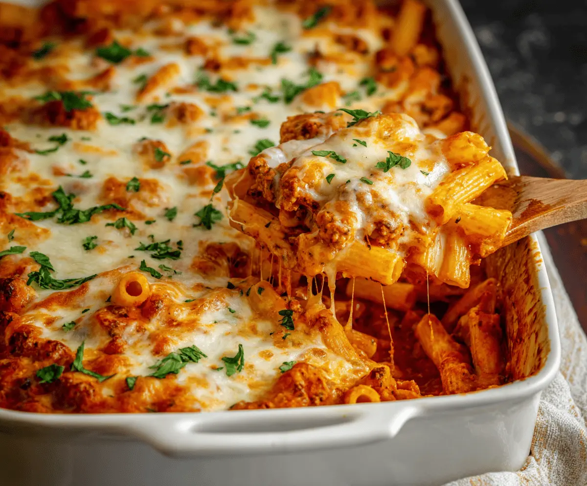 Delicious creamy cheesy baked ziti recipe with melted cheese and hearty flavors, perfect for a comforting meal.