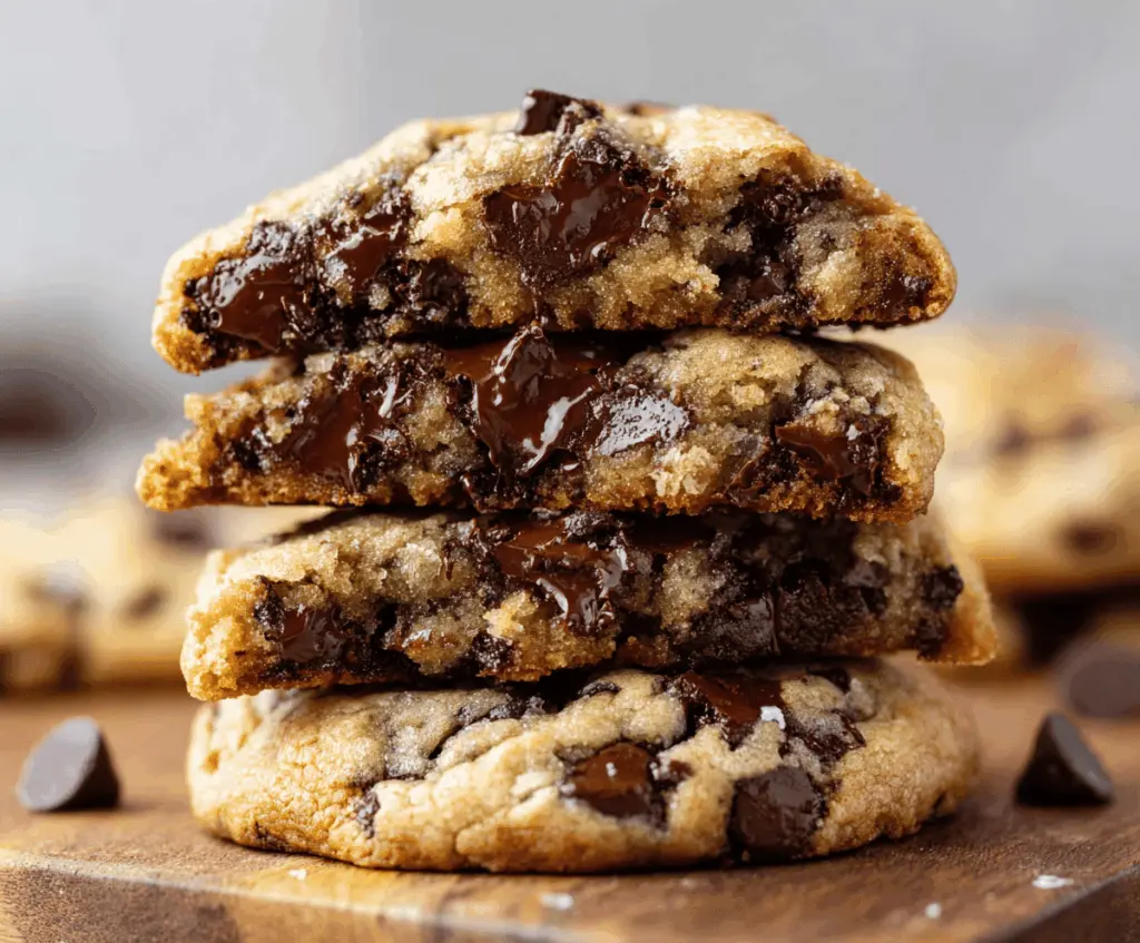Ultra thick bakery-style chocolate chip cookies with crispy edges and gooey centers, showcasing golden-brown crust and melty chocolate chips