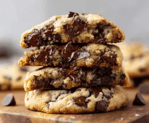 Ultra thick bakery-style chocolate chip cookies with crispy edges and gooey centers, showcasing golden-brown crust and melty chocolate chips