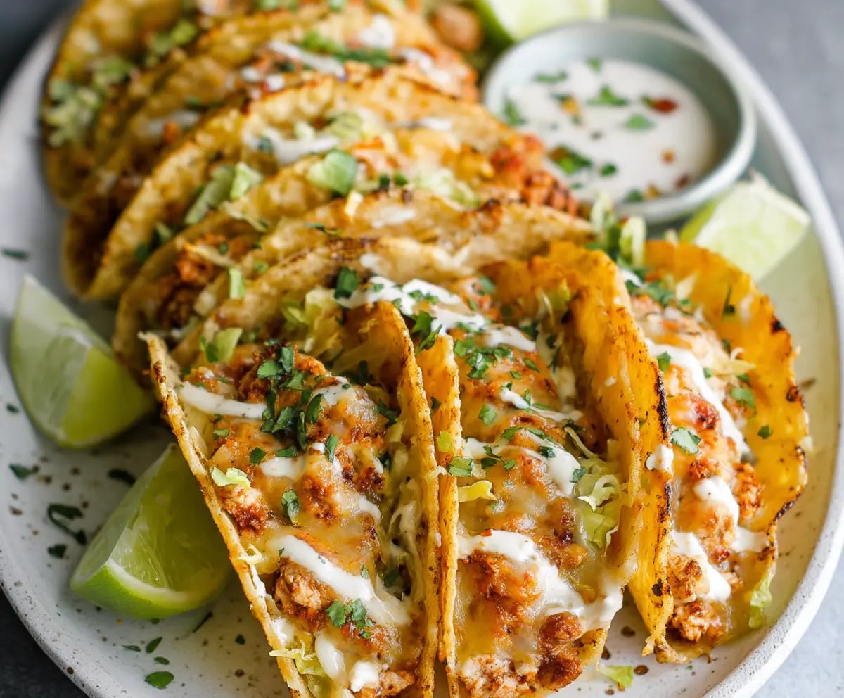 Delicious mini baked chicken tacos on a plate, perfect for quick healthy meals, ready in 20 minutes.