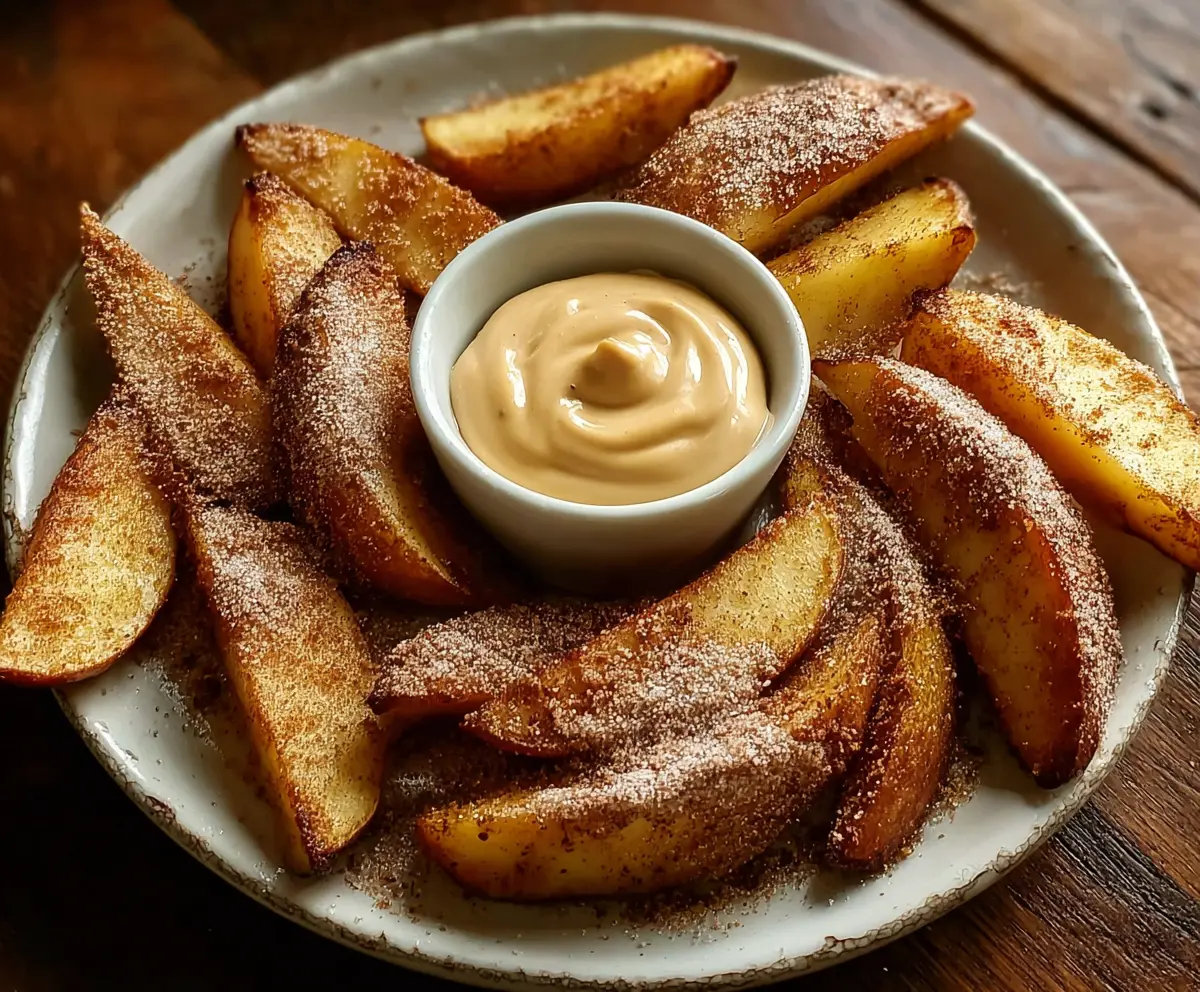 Delicious air fried apple wedges topped with caramel whipped cream and served with a dipping sauce.
