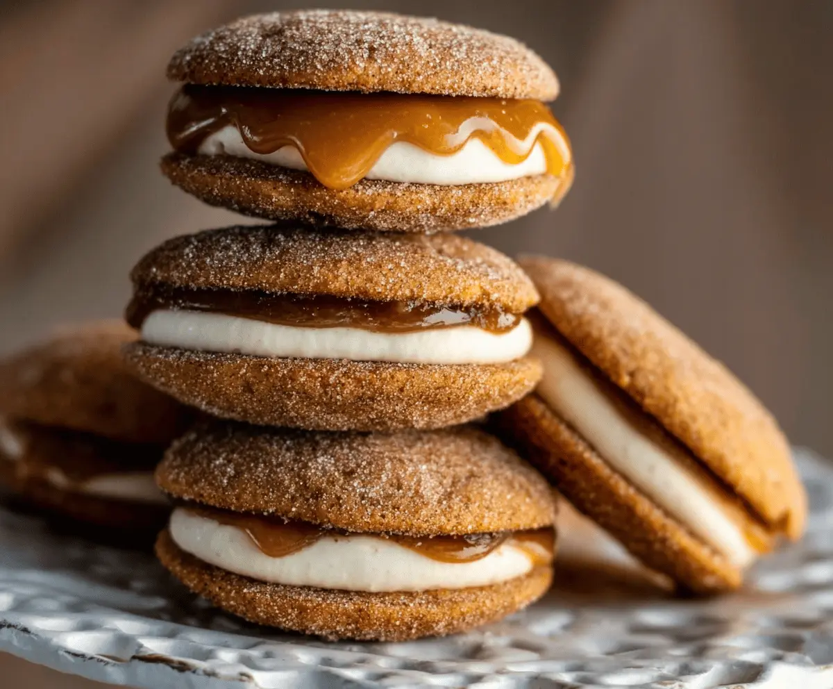 Delicious Apple Cider Whoopie Pie Cookies filled with creamy caramel frosting