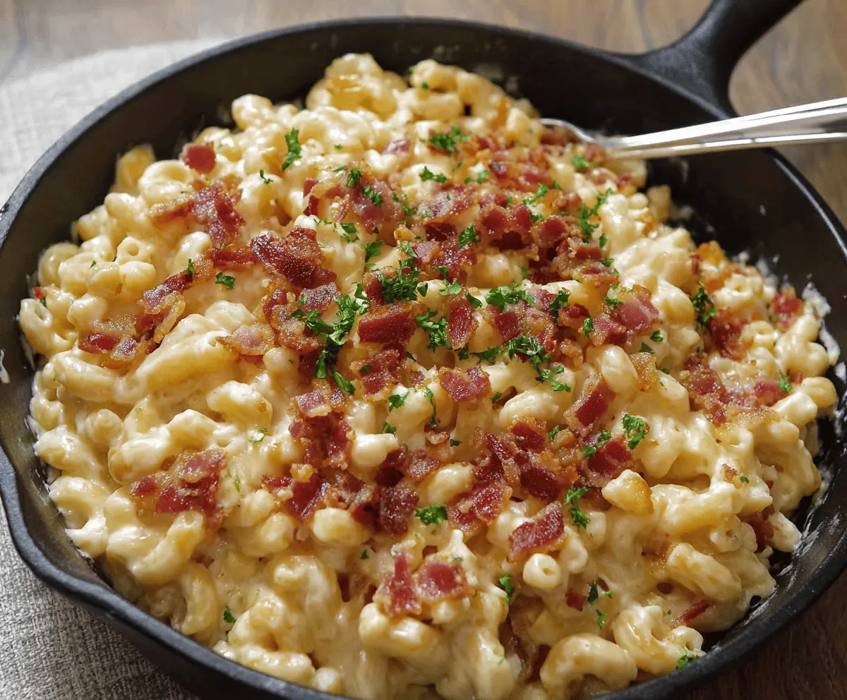 Delicious bacon mac and cheese with melted cheese and crispy bacon pieces.