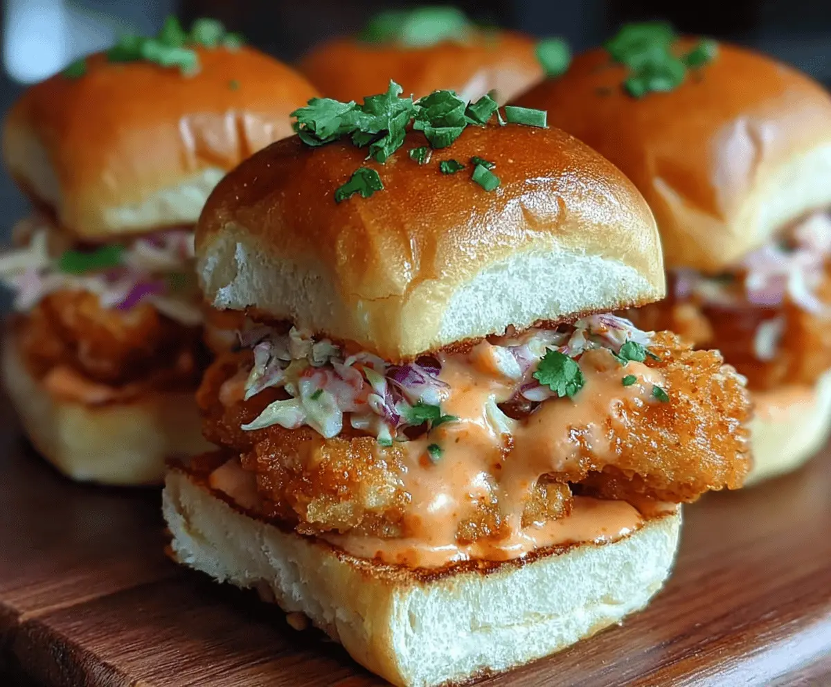Delicious Bang Bang Chicken Sliders garnished with fresh herbs on a rustic plate.