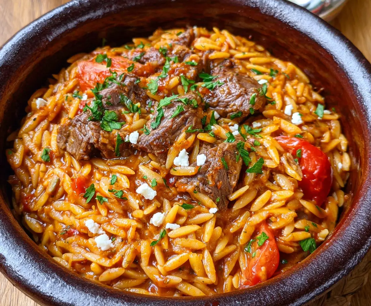 Delicious beef Giouvetsi served in a traditional Greek dish with tender beef, orzo pasta, and tomato sauce