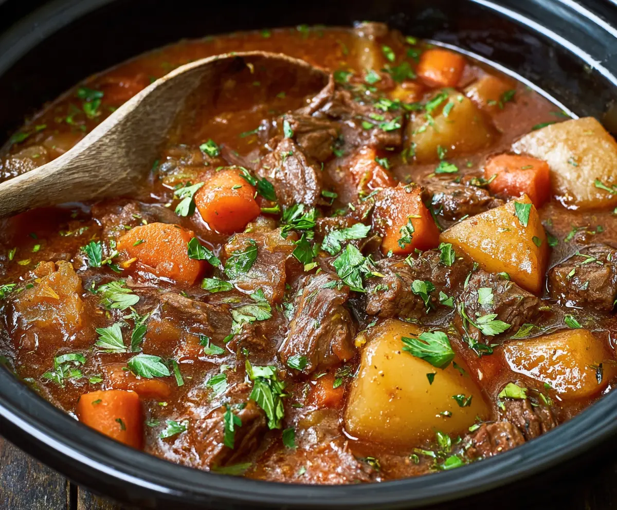 Delicious homemade beef stew cooking in a crock pot, perfect for hearty dinner recipes.