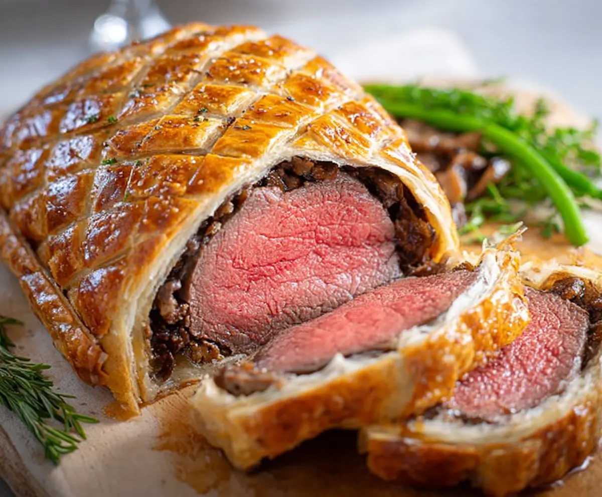 Delicious Beef Wellington with golden pastry and tender beef fillet, served on a white plate.