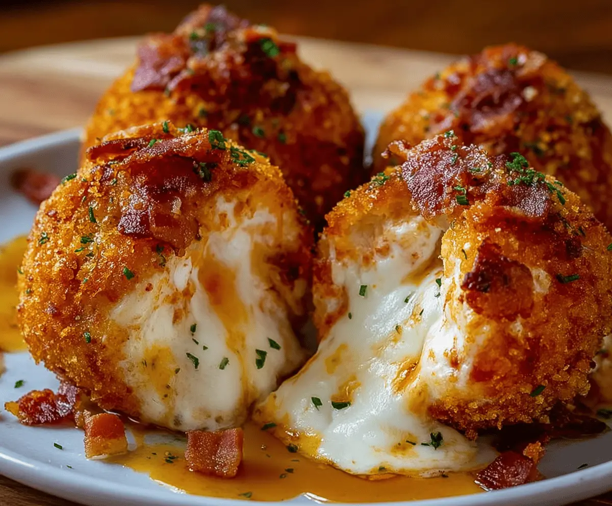 Deep-fried Buffalo chicken bacon mozzarella bombs on a plate, showcasing crispy exterior and melty cheese filling.