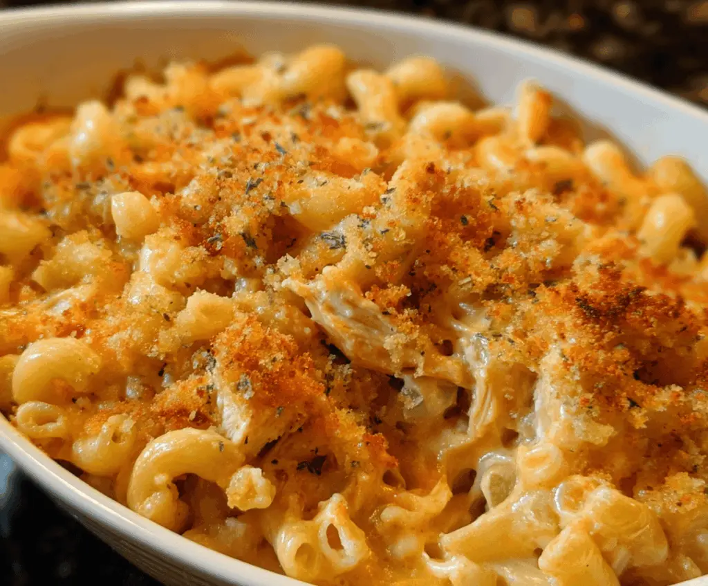 Creamy buffalo chicken mac and cheese served in a rustic bowl, topped with chopped green onions and shredded cheese.