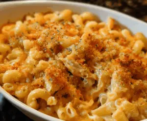 Creamy buffalo chicken mac and cheese served in a rustic bowl, topped with chopped green onions and shredded cheese.