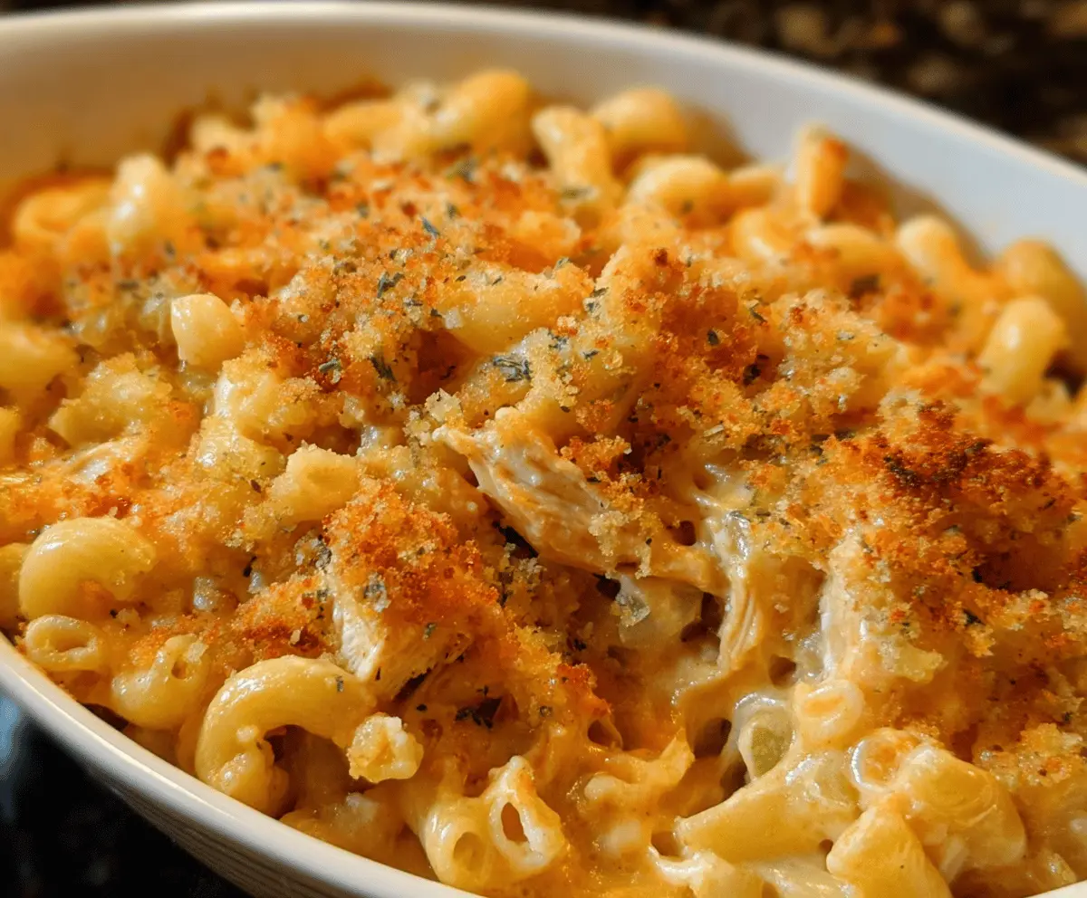 Creamy buffalo chicken mac and cheese served in a rustic bowl, topped with chopped green onions and shredded cheese.