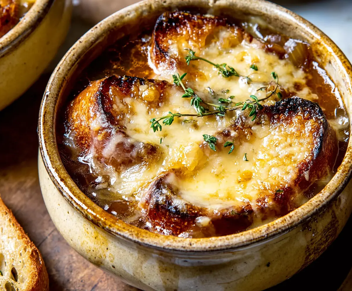 Delicious caramelized onion soup served in a bowl with croutons and fresh herbs