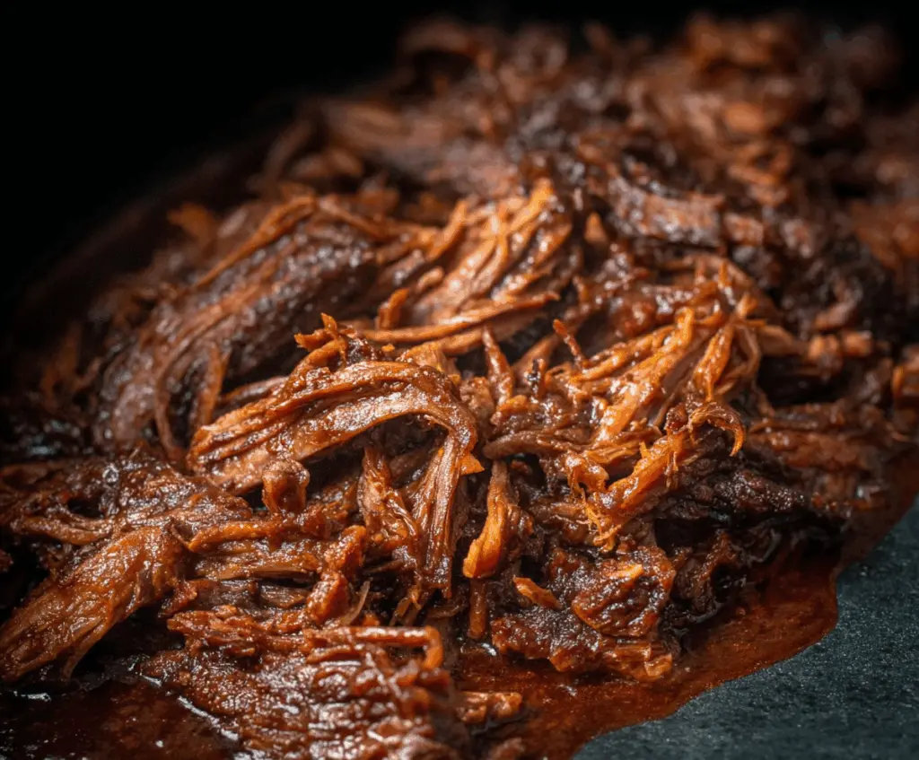 Delicious caramelized pulled beef brisket on a plate garnished with herbs, perfect for smoking lovers.