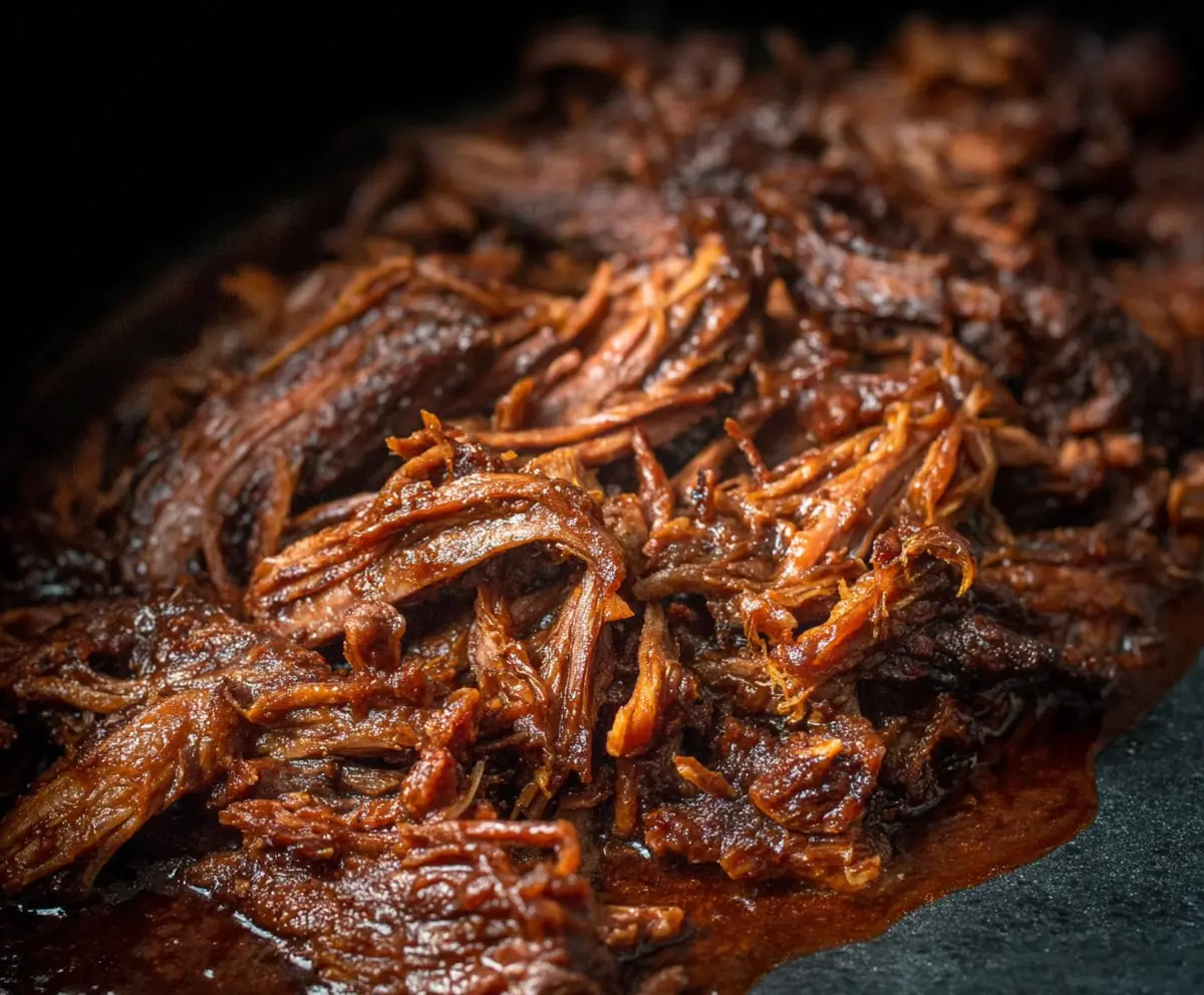 Delicious caramelized pulled beef brisket on a plate garnished with herbs, perfect for smoking lovers.
