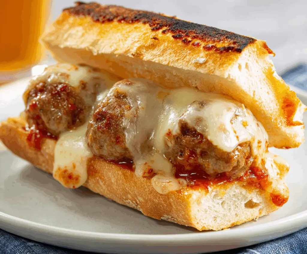 Delicious cheesy meatball subs with melted cheese and savory meatballs inside a toasted bun.