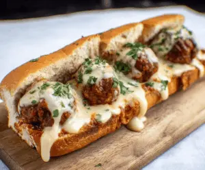 Delicious cheesy meatball subs with melted cheese and hearty meatballs in a fresh bun