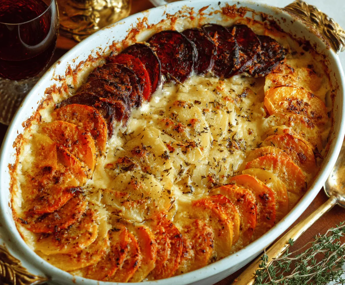 Delicious cheesy root vegetable gratin with golden melted cheese and colorful root vegetables on a rustic plate.