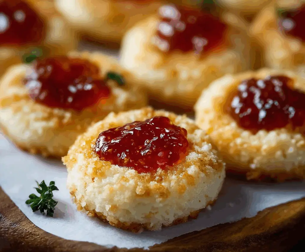 Delicious cheesy thumbprint appetizers topped with spicy hot pepper jelly, perfect for party snacks.