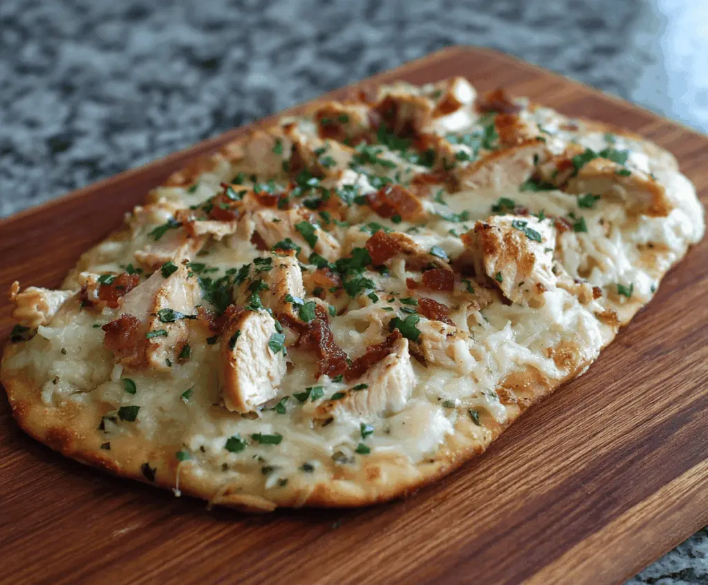 Delicious Chicken Alfredo Flatbread with creamy sauce and melted cheese on crispy crust