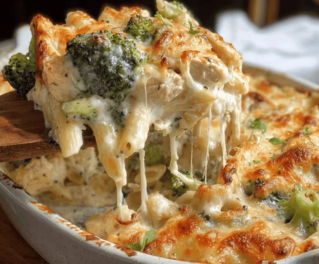 Creamy chicken and broccoli Alfredo bake served in a baking dish with fresh ingredients