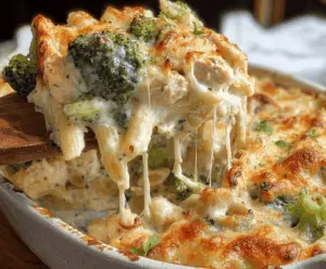 Creamy chicken and broccoli Alfredo bake served in a baking dish with fresh ingredients