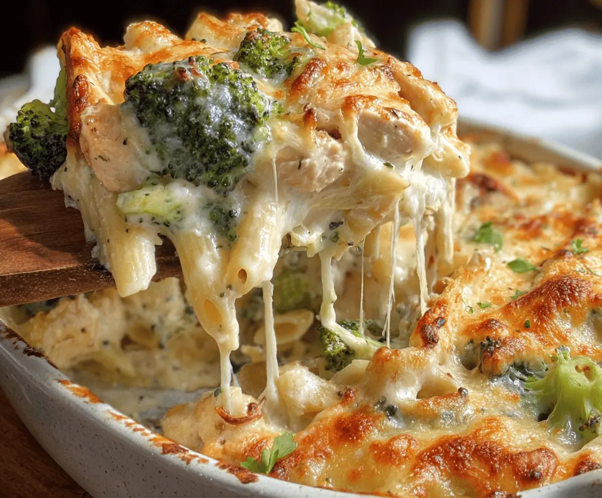 Creamy chicken and broccoli Alfredo bake served in a baking dish with fresh ingredients