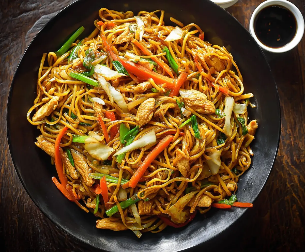 Delicious Chicken Chow Mein with stir-fried vegetables and tender chicken strips on a plate.