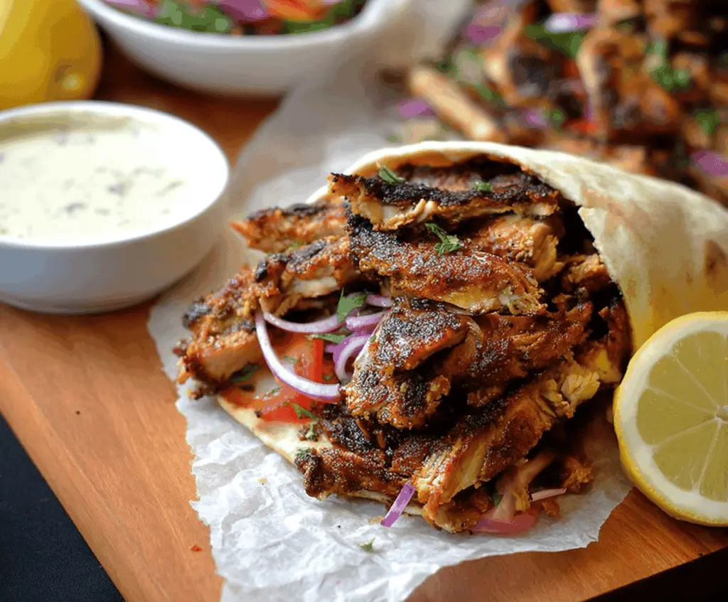 Delicious Chicken Shawarma with creamy garlic sauce served on a plate.