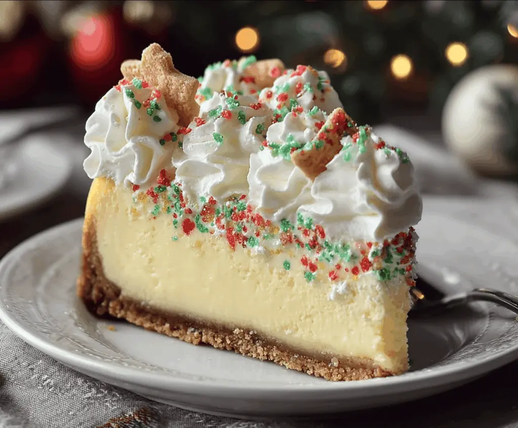 Festive Christmas Sugar Cookie Cheesecake with colorful sprinkles and a holiday-themed decoration.