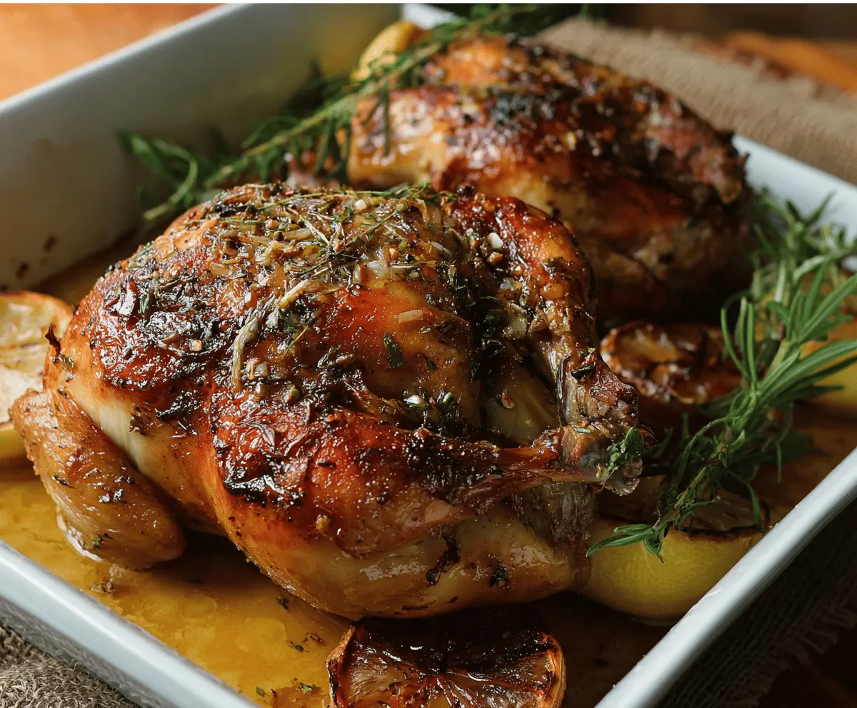 Juicy oven-roasted Cornish hen glazed with cider and maple syrup, served on a rustic wooden table.