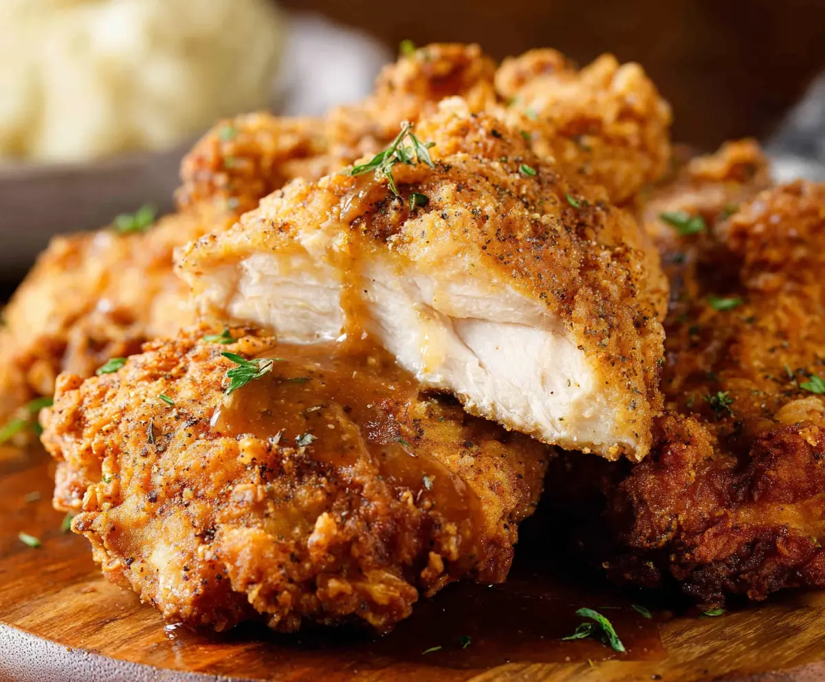 Crispy country fried chicken with golden crust served on a plate