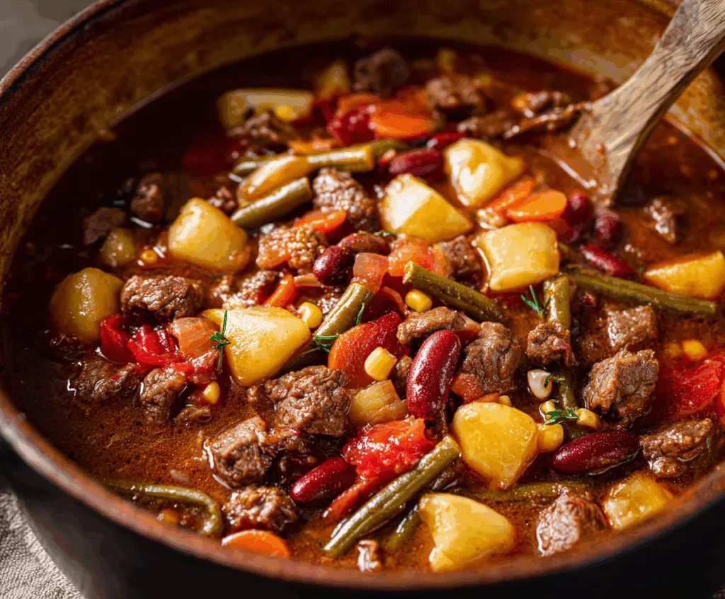 Hearty cowboy stew with tender beef, fresh vegetables, and spices served in a rustic bowl.