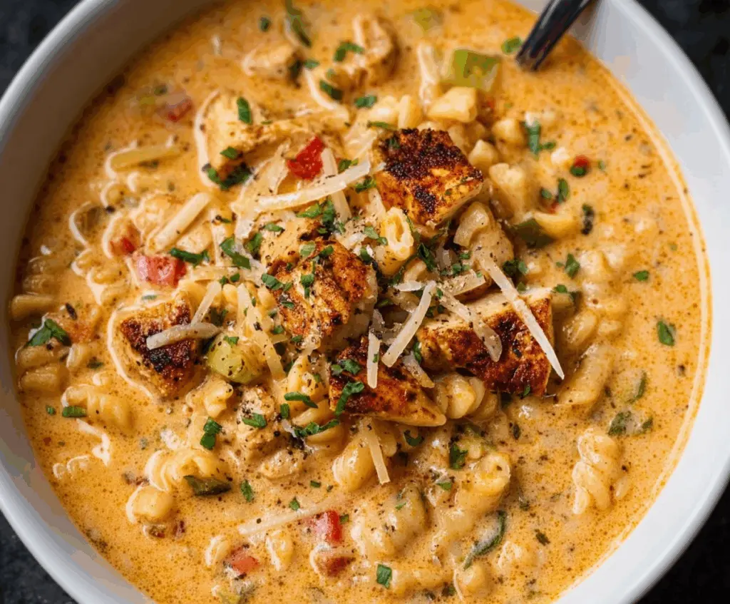 Creamy Parmesan Cajun Chicken Pasta Soup