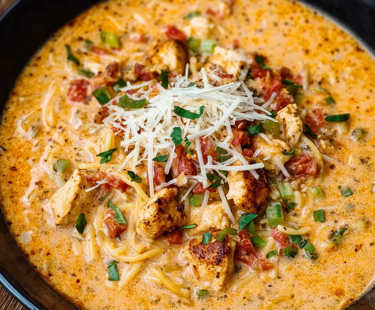 Creamy Cajun Parmesan Chicken Pasta Soup