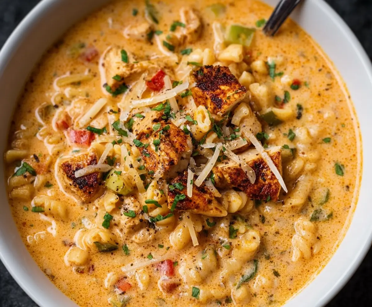 Creamy Parmesan Cajun Chicken Pasta Soup in a bowl with melted cheese and fresh herbs
