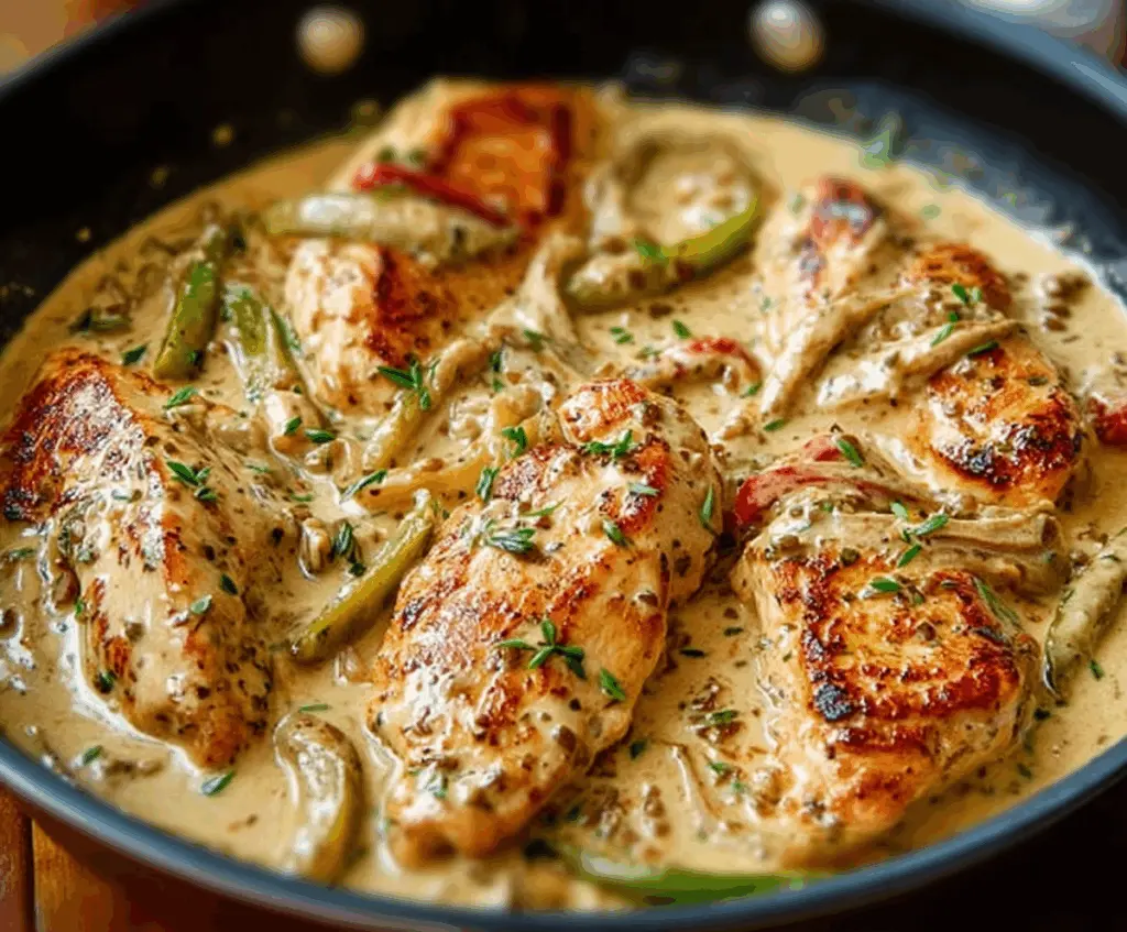 Creamy Pepperoncini Chicken Skillet showing tender chicken breasts in a creamy sauce with pepperoncini peppers served in a skillet.
