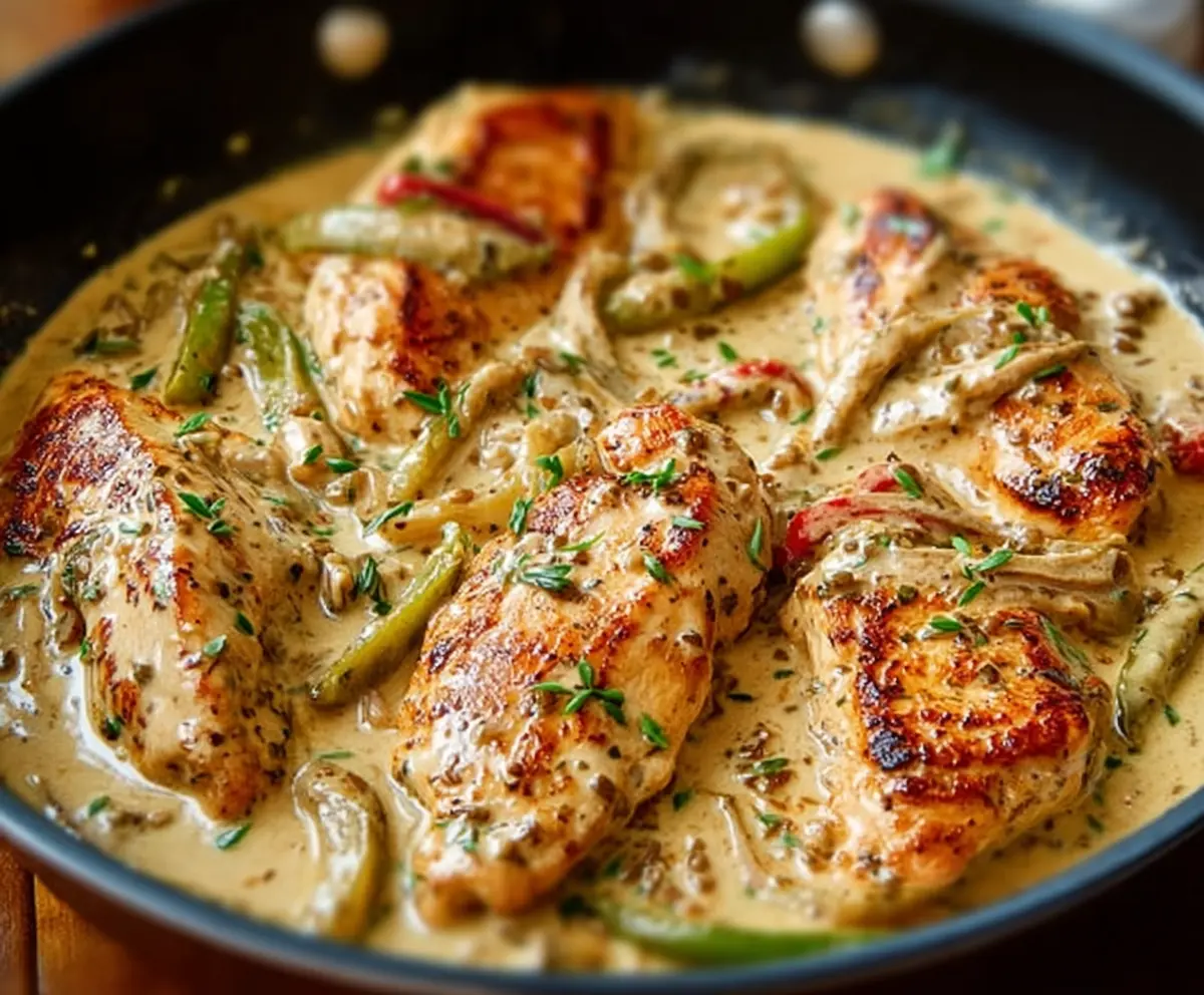 Creamy Pepperoncini Chicken Skillet showing tender chicken breasts in a creamy sauce with pepperoncini peppers served in a skillet.