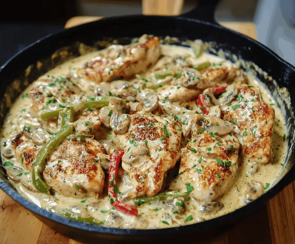 Creamy Pepperoncini Chicken Skillet served with fresh herbs on a rustic plate.