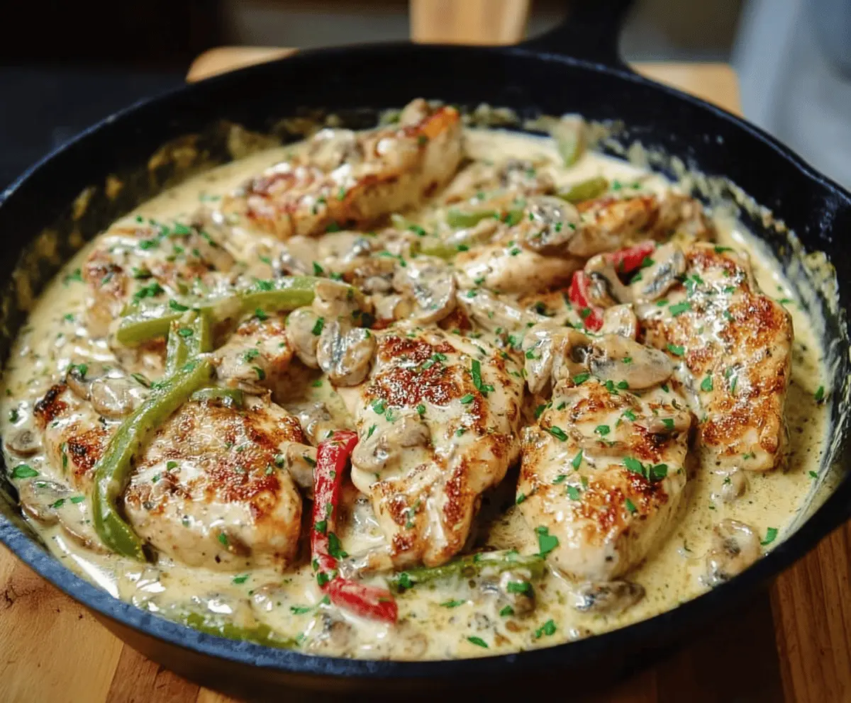 Creamy Pepperoncini Chicken Skillet served with fresh herbs on a rustic plate.