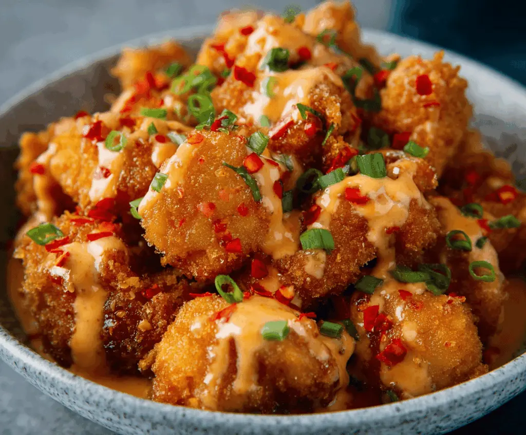 Crispy Bang Bang Chicken plated with crispy coating and spicy sauce, perfect for a flavorful meal.