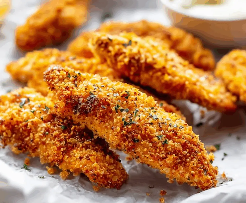 Golden crispy homemade baked chicken tenders served on a plate, perfect for a healthy snack or meal.