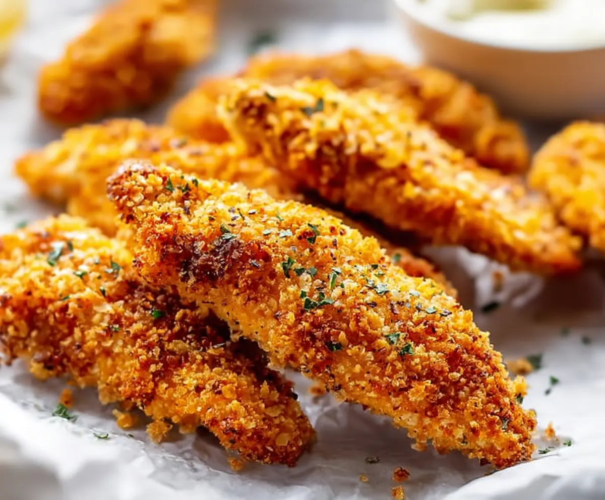Golden crispy homemade baked chicken tenders served on a plate, perfect for a healthy snack or meal.