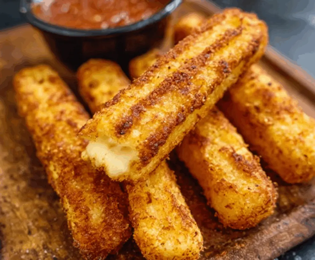 Crispy Hungarian Potato Cheese Sticks served on a wooden platter, showcasing their golden-brown exterior and cheesy filling, perfect as an ultimate snack.