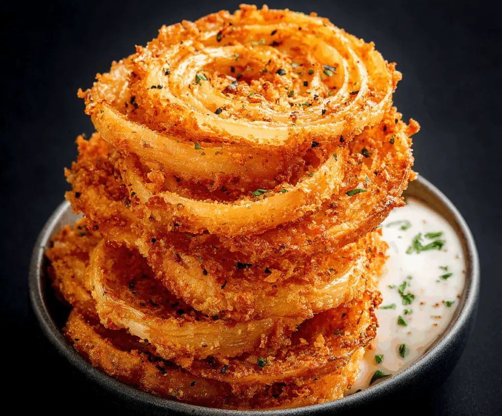 Crispy Parmesan Onion Ring Chips on a plate, garnished with herbs, perfect for a crunchy snack recipe.