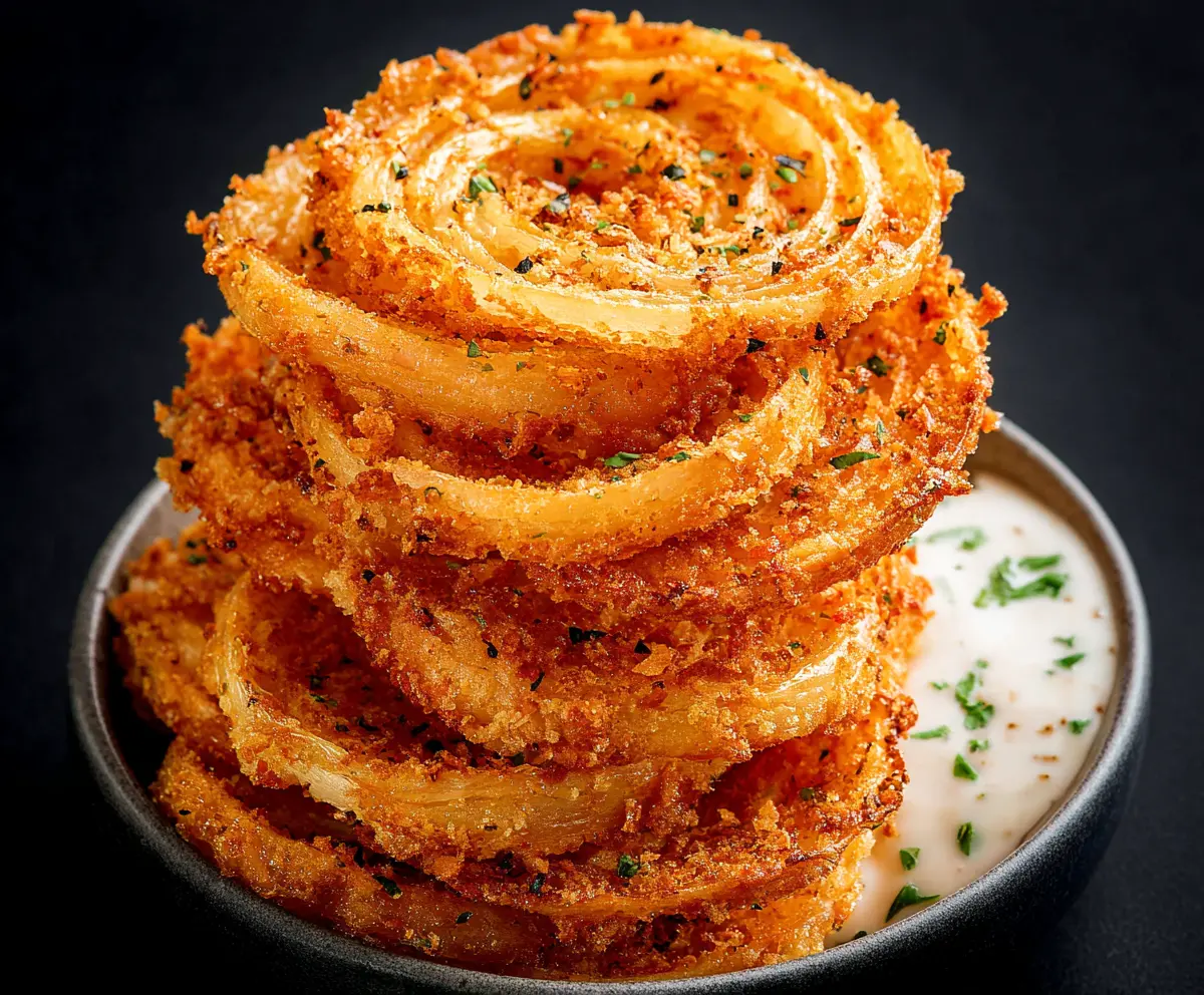 Crispy Parmesan Onion Ring Chips on a plate, garnished with herbs, perfect for a crunchy snack recipe.